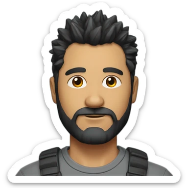 A 52 year-old man with black and spiky hair on top hair very short beard sticker