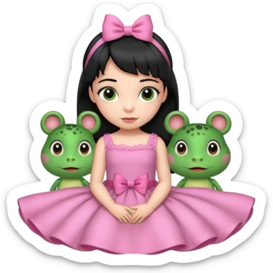 princess frog on bed pink bow with a pink dress cute girly pop black hair short baby bangs sticker