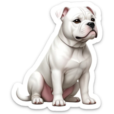 cinematic-[solid white american bulldog]-realistic-full-body-sitting-emoji,-tail-resting-loosely-beside-its-paws,-head-tilted-dramatically,-sleek-[solid white]-fur,-simplified-yet-realistic-focused-features,-highly-detailed,-glowing-with-an-almost-sarcastic-glow sticker