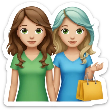 make me and my best friend togheter i have brown hair that falls on my shoulders and brown eyes and she has really long wavy brown hair with a little blonde and green/blue eyes we are shopping and i have BROWN eyes sticker