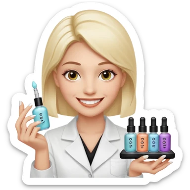 A smiling beautician with cold fake smile, calculating eyes, pointing at your cheek while holding 5 expensive serum bottle. predatory vibe.A face with a fake sweet smile, but the face is slowly consumed by shadows creeping from below. calculating eyes are visible in the dark sticker
