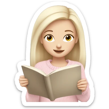 Pretty blue eyed white girl with light pink sweater reading cozy sticker