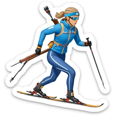 An icon featuring a biathlete in motion, holding a rifle and skiing across a snowy course. The backdrop includes snow-covered trees, distant mountains, and a clear blue sky. Transparent background highlights the precision, endurance, and excitement of biathlon. sticker