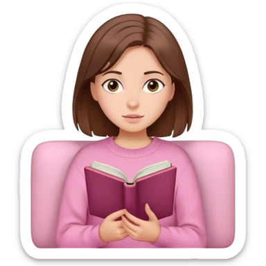 Pretty brown eyed white girl with brown hair and bangs pink sweater reading cozy sticker