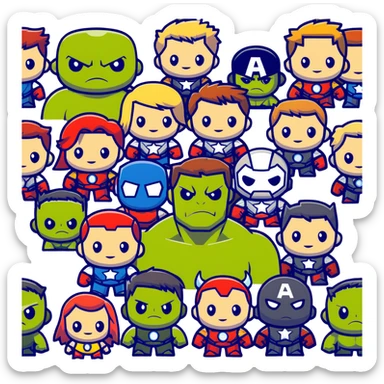 Chibi Avengers team with cute small proportions, big heads, tiny bodies. Include Iron Man, Captain America, Thor, Hulk, Black Widow, and Hawkeye with adorable expressions sticker