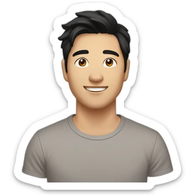 guy, black hair, medium length hair, in his 20s, very asian, smiling, t-shirt only, slight brown skin, dark brown eyes, slighty wavy hair sticker