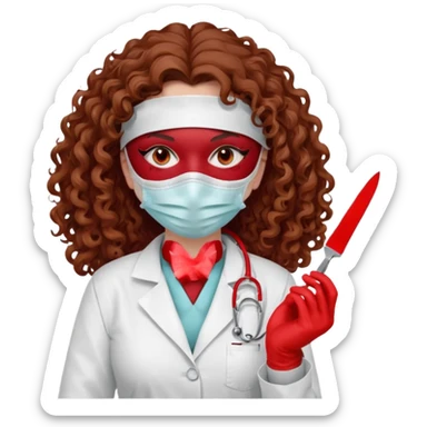 Scary woman scalpel in hand, evil surgeon sexy surgeon clothes.  She has red eyes. Her  brown long curly hair. Wears sexy doctor outfit with red gloves. make her hair free and brown but have mouthy  wear  mask  to hide. Wears white surgeon jacket and sticker
