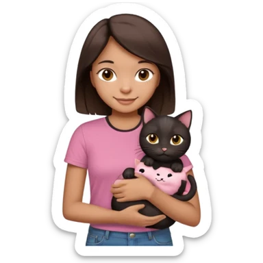 As una chica con piel marron claro con el pelo  medio largo color marron oscuro que tenga la chica una camiseta rosada mangas cortas con un jean claro que tenga ojos marrones la chica que la chica este sonriendo mientras sostiene entre sus brazos 1 gato negro gordito. sticker