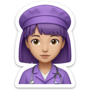 A young female slim nurse with short Brown hair with fringe over her forehead, wearing larvendar purple working cloth sticker