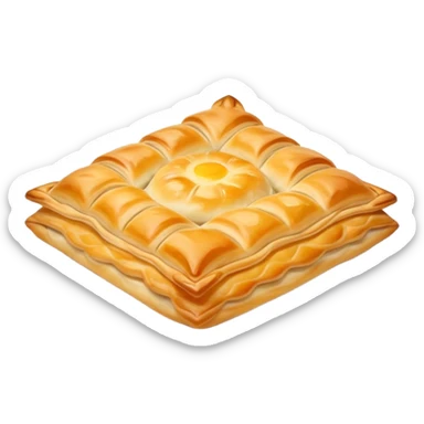 cinematic-realistic-flat burek-sa-sirom-dish-emoji,-showcasing-a-flaky-pastry-filled-with-cheese-rendered-with-crisp-textures-and-appetizing,-warm-lighting. **flat**   sticker