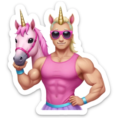 friendly anthropomorphised masculine unicorn with horse-like face, muscular bodybuilder build, in tutu and pink t-shirt, wearing dark sunglasses, relaxed pose, close-crop head and shoulders portrait sticker