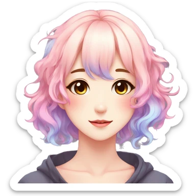 Gorgeous anime style shojo character with blushing face aesthetic and pretty colorful shiny gradient pastel hair trending style sticker