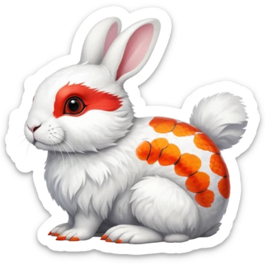 Asian Painted Fluffy Realistic Dwarf-Hotot-Rabbit-Rock-Ptarmigan-Koi-Fish-Animal-hybrid, full body, with red marking over eye sticker