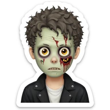 zombie boy medium length messy curly hair black jacket white tee shirt  sticker