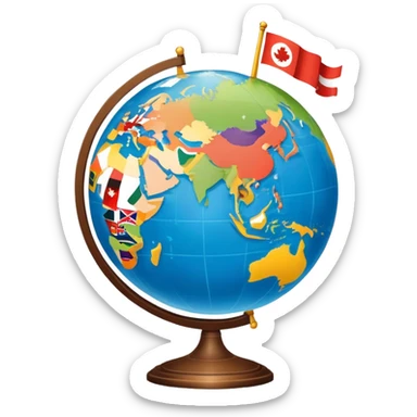 An icon featuring a globe with location pins, open maps, and landmarks from different countries, symbolizing area studies. The design includes cultural symbols, flags, and geographic features to represent diverse regions. Transparent background. sticker