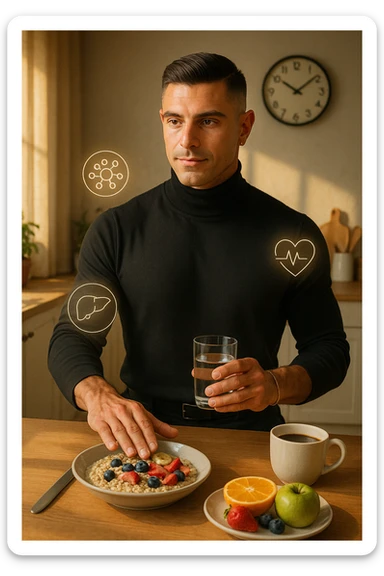 A realistic, cinematic illustration of a man in his early 30s with a fit, healthy appearance, standing in a bright kitchen in the morning. The kitchen table has a prepared but untouched healthy breakfast (oatmeal, fruit, coffee) on it, while the man, with a calm and focused expression, gently pushes the plate away with one hand while holding a glass of water in the other. A wall clock in the background shows 8:00 AM, indicating the morning fasting window, while sunlight streams in, illuminating the scene. Subtle glowing icons of a regenerating cell, a clean liver, and a heart float softly around him, symbolizing the health benefits of intermittent fasting. The atmosphere is clean, minimal, and motivating, showing that the man chooses intermittent fasting consciously for health, clarity, and energy rather than weight loss alone. The color palette is warm, with natural light and a slight film grain for depth sticker