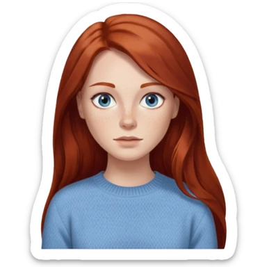 woman with long dark auburn red hair that is mostly straight but has slight waves to it. grey blue eyes. some freckles. wearing a Swedish style sweater that is neutral. the image on the right is closer sticker