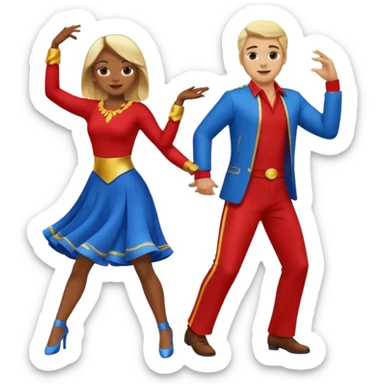 Two people dancing. A man wearing red with light skin and blonde hair. A women wearing bue with dark skin and brown hair. sticker