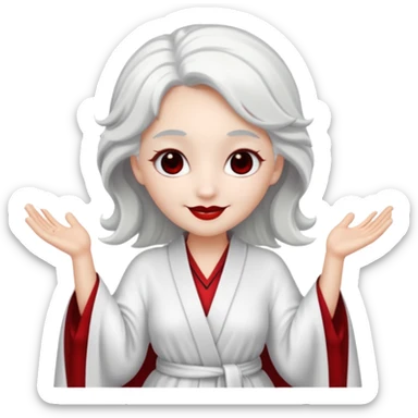 vull un perosnatge estil bimoji que sigui com una nimfa bella i fantasmal amb túniques blanques. Té la pell literalments blanca com el guix, cabell platejat, un nas llarg, ulls negres grans i llavis carmesí. que estigui somrient sense arrecades i vestimenta vermella i blanca sticker