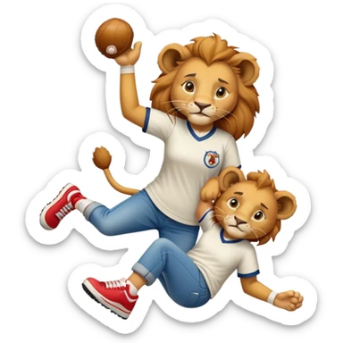 confident anthropomorphised female lion wearing a baseball shirt, jeans, and trainers, helping someone up after a fall, showing kindness sticker