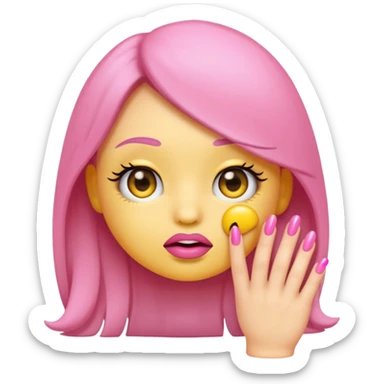Cute shy emoji with long lashes, big pouty lips, pink nails, black background, same style as original emoji, not human sticker