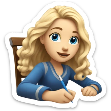 White Smart girl with blue eyes and light skin doing Homework on a desk writing on a piece of paper  sticker