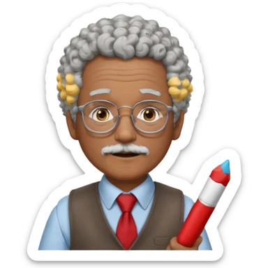 old man teacher, brown skin, curly grey white hai, wearing glasses, brown vest, red tie hold chalk on hand sticker