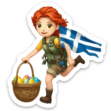 Female mountaineer red hair climbing with Easter egg sbasket and Greek flag sticker