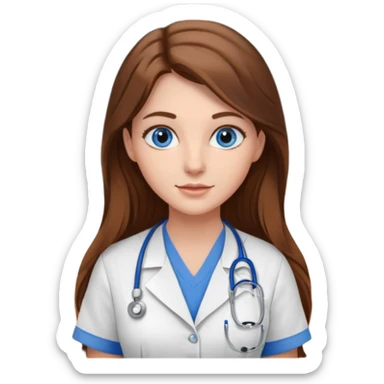 inside a classroom at university that says nursing school on the board with a pretty female nursing student with long brown hair, blue eyes sticker