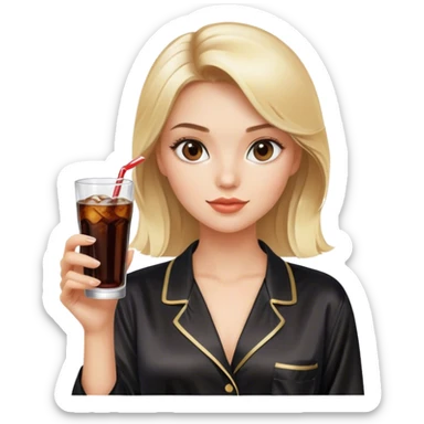 pretty blonde model with brown eyes wearing a black silk pajama set, holding a glass of diet cola  sticker