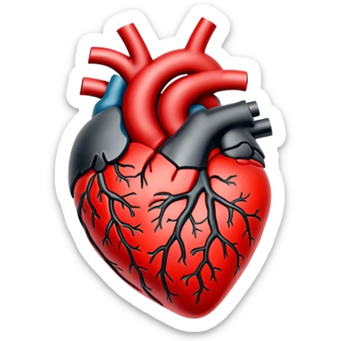 A highly detailed, hand-drawn anatomical human heart with a bold, red and black color scheme. The heart should have a textured, slightly vintage, and embroidered look, with strong highlights and shadows giving it depth. The edges should have a white outline, making it stand out from the background. The background should be transparent to make it a clean PNG file. sticker