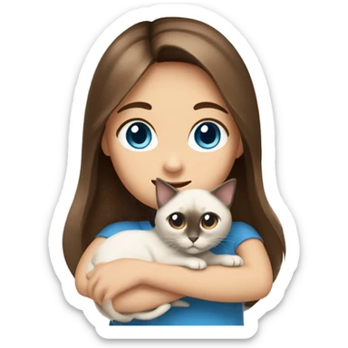 Girl with brown hair and brown eyes hugs Siamese cat with blue eyes sticker