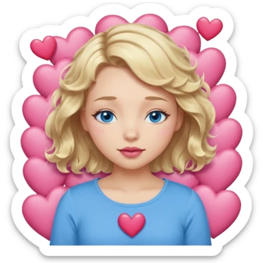 Girl Blonde short wavy hair,  blue eyes, cute blue top, long lashes, pink lips, sleeping eyes closed, hearts floating  sticker