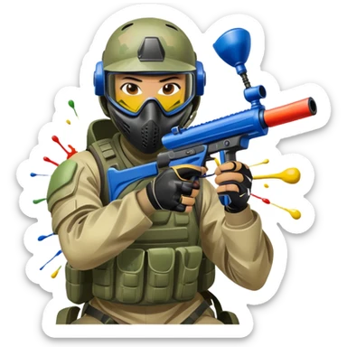 A paintball player in full gear, aiming a paintball gun with focus and determination. The scene includes vibrant splashes of paint and a dynamic battlefield setting, emphasizing action, strategy, and teamwork in a competitive environment sticker