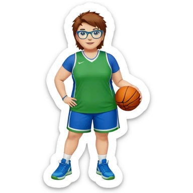 Full Body plus size white female basketball player with short medium brown hair with carmel highlights spikey hair wearing blue glasses 
 wide nose wearing blue green uniform  green sneakers smiling wearing earrings sticker