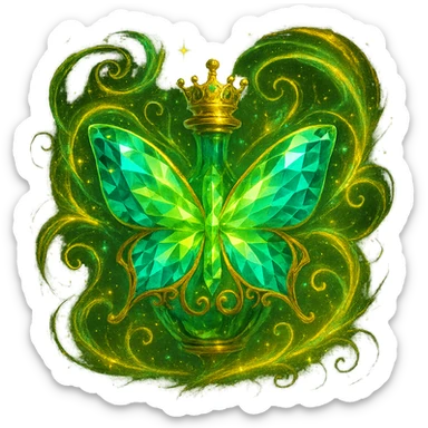 Add even more luxurious, swirling magical glowing and sparkling effects around the butterfly, inspired by the previous elixir bottles. The butterfly itself must remain unchanged, only the magical energy and sparkles around it should be enhanced. Transparent background, no shadow or base. sticker