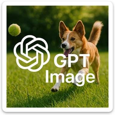  logo of chat gpt with text "GPT Image" on the background of a dog chasing ball, realistic image sticker