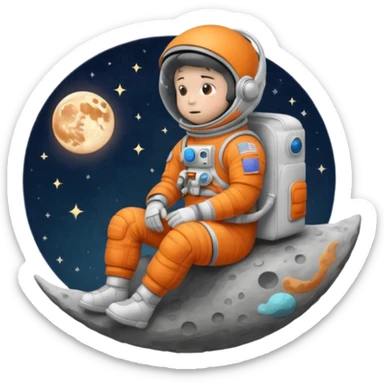 whimsical illustration of a cartoon astronaut, delicate render in soft hues, sitting on a tiny, moon, lost in thought, orange spacesuit, pop of color against the  celestial backdrop, subtle texture and gentle shading adding depth to the eerie vibe evoking a sense of wonder
 sticker