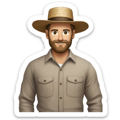 Amish brown straw hat and small beard without mustache white skin brown button down shirt whole body building a building one photo  sticker