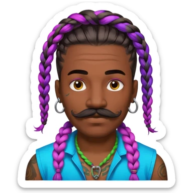 big lose braids starting from the top of the head man with mustache face wiith big visible braids and lots and lots of face tattoos colored tattoos like a tattoo artist hair unique color sticker