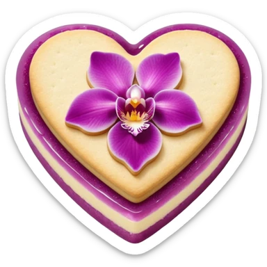 Realistic shortbread cookie in the shape of a heart with orchid color jelly middle filling and sprinkled powder sugar on top. sticker
