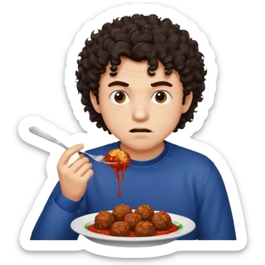 Ragazzo di 20 anni con capelli ricci scuri, leggermente arrabbiato che mangia 2 polpette  sticker