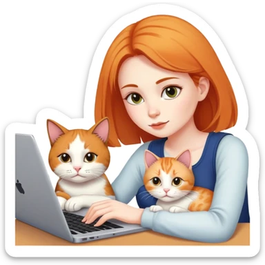 A girl is working on a laptop with a cat lying next to it sticker