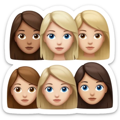 a group of 3 people where two are in the back one in the front -
1. Girl has white skin, brown hair, brown eyes
2. Girl has white skin, dirty blonde hair, blue eyes
3. Girl has tan skin, dark brown hair, dark brown eyes sticker