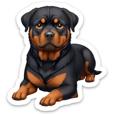 Cinematic Noble Rottweiler Portrait Emoji, Poised and regal, with a powerful, muscular build and a sleek, well-groomed coat of rich black with tan markings, deep-set soulful brown eyes, Simplified yet sharp and sophisticated features, highly detailed, glowing with a soft, dignified glow, high shine, intelligent and commanding, stylized with an air of authority, focused and attentive, soft glowing outline, capturing the essence of a watchful and fearless guardian, so majestic it feels as though it could stride out of the screen with effortless authority! sticker