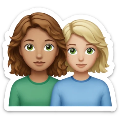 À girl with wavy brown hair, light tan skin and green eyes and freckles next to a girl with short blonde wavy hair, tan skin and light blue eyes sticker