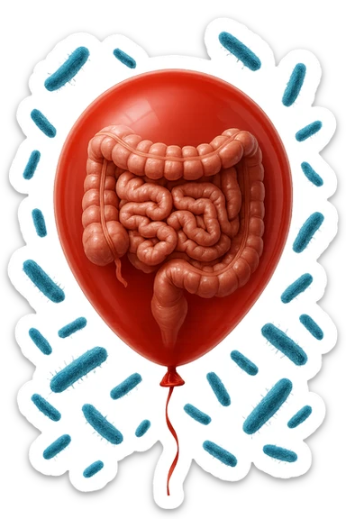 intestino umano anatomico chiuso in un palloncino rosso con batteri intestinali che fluttuano intorno, iperrealistico 4k sticker