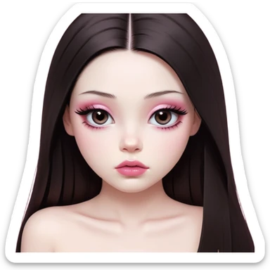 girl with white skin, dark brown long realistic straight hair with middle part prominently falling in front of her body over her shoulders, very big pouty extremely glossy ultra-shiny lips with nude reddish-pink lip gloss and absolutely no cupid's bow, big round eyes with very black shiny eyeballs and huge eyelashes, no eyeshadow, pink blush on cheeks, lighter button nose, exceptionally elongated very long oval-shaped face, wearing a pink off-shoulder top, looking directly at camera with hands down at sides sticker