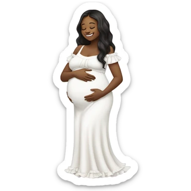 A pregnant girl with long dark hair in a white dress with ruffles looks at her pregnant belly, hugs it with her arms and smiles sticker