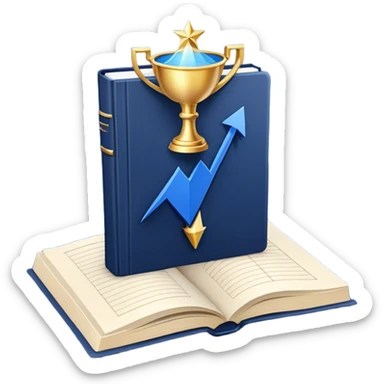 A navy blue productivity book with gold details, chart with upward trend aura, radiating productivity, strategy, and success in motion- sticker